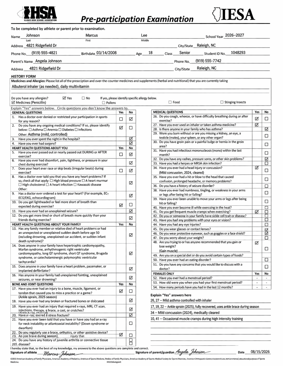 IHSA Pre-participation Examination form for Marcus Johnson